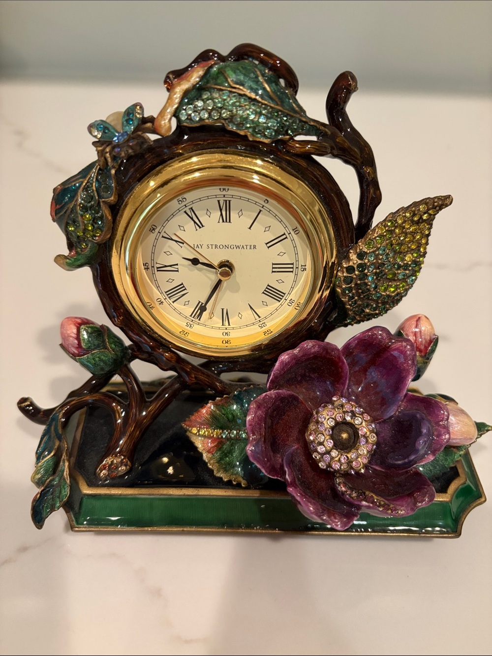 Jay Strongwater Purple Floral Mantel Clock with Gold Face and Green Accents
